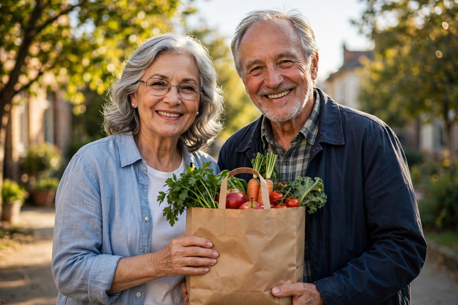 Pareja de adultos mayores sonriendo con una bolsa de comestibles gratis en San Antonio