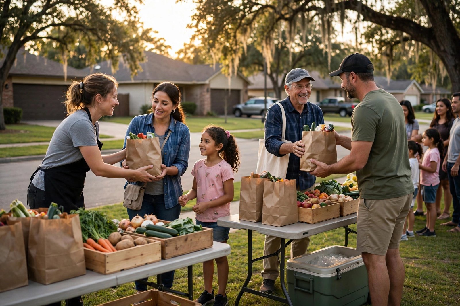 Neighbors receiving free groceries at a food distribution in far west San Antonio