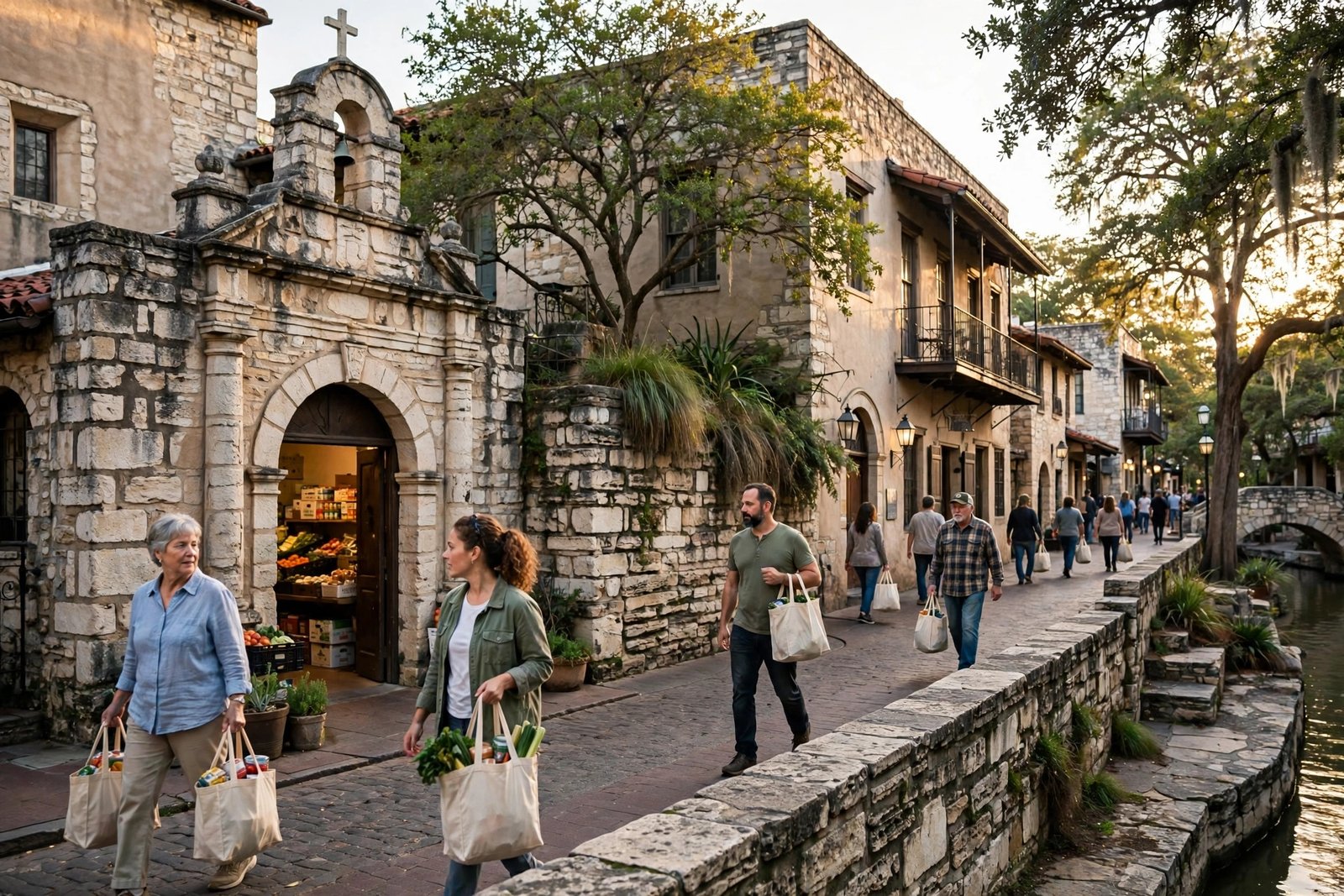 Vecinos recibiendo bolsas de comida frente a una despensa en una calle histórica del centro de San Antonio