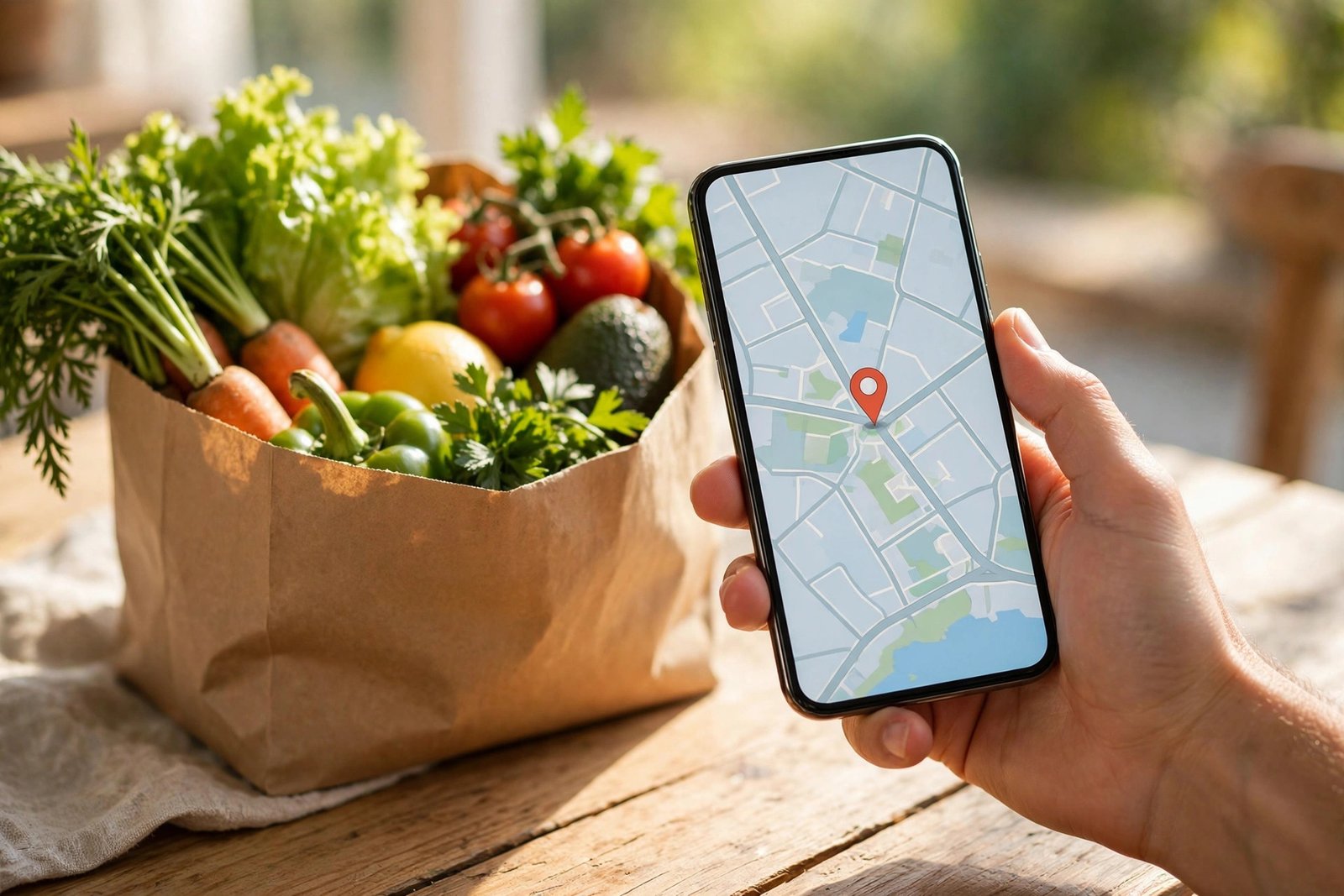 Mano sosteniendo un teléfono con un mapa que muestra una despensa de comida gratis cercana en San Antonio