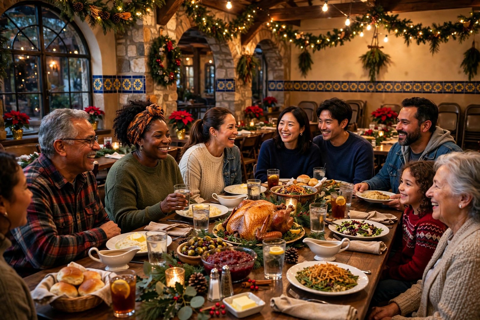 A festive free community Christmas dinner table in San Antonio