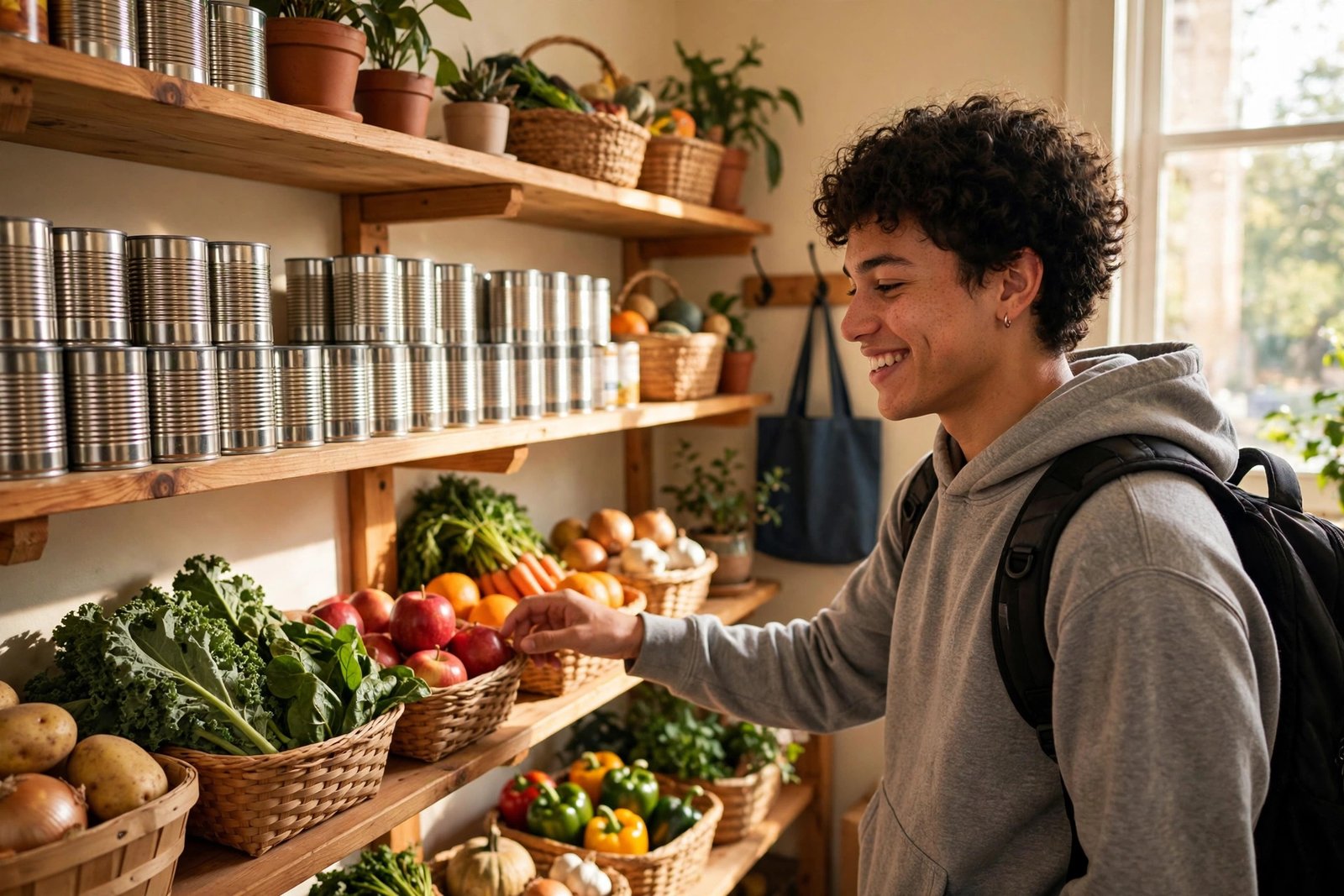 A college student with a backpack choosing free groceries at a campus food pantry in San Antonio