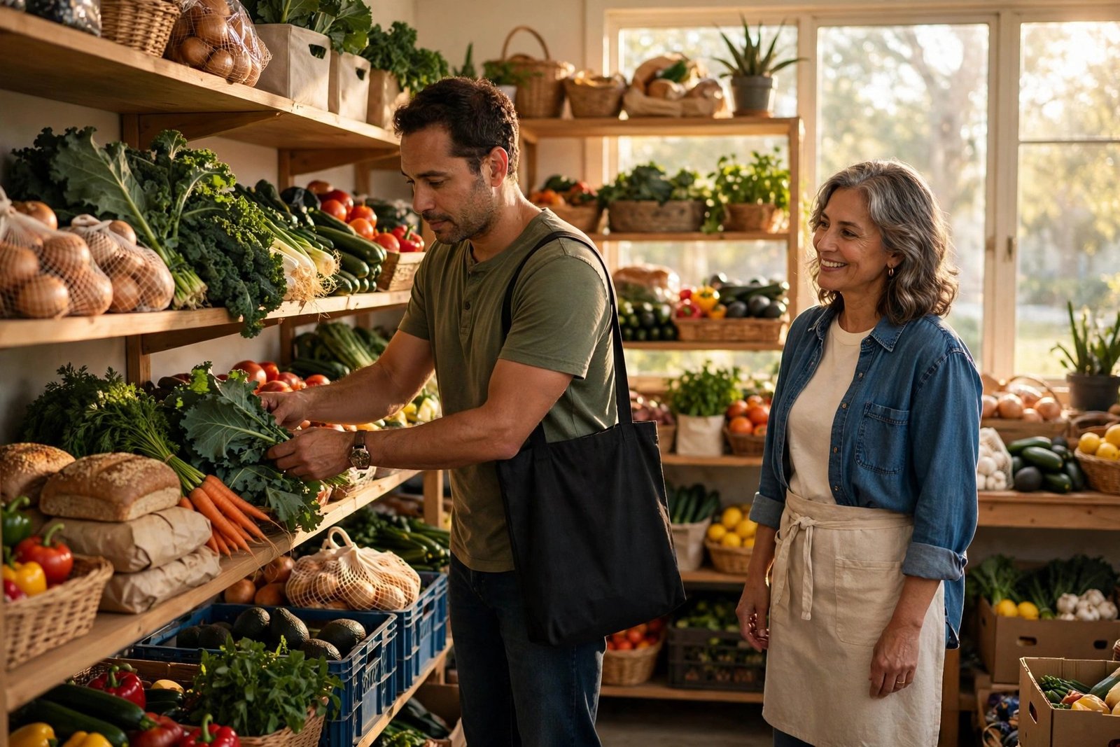 A neighbor choosing fresh vegetables and whole foods at a San Antonio food pantry