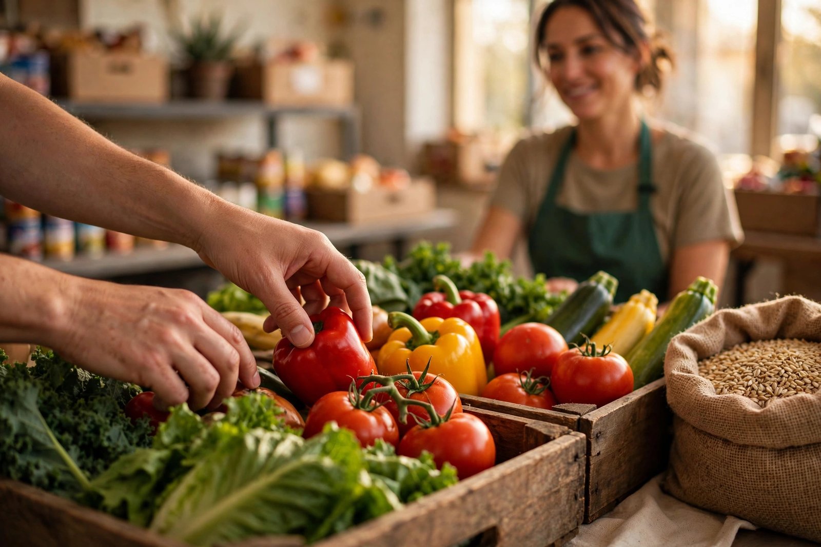 Manos eligiendo verduras frescas en una despensa comunitaria de San Antonio