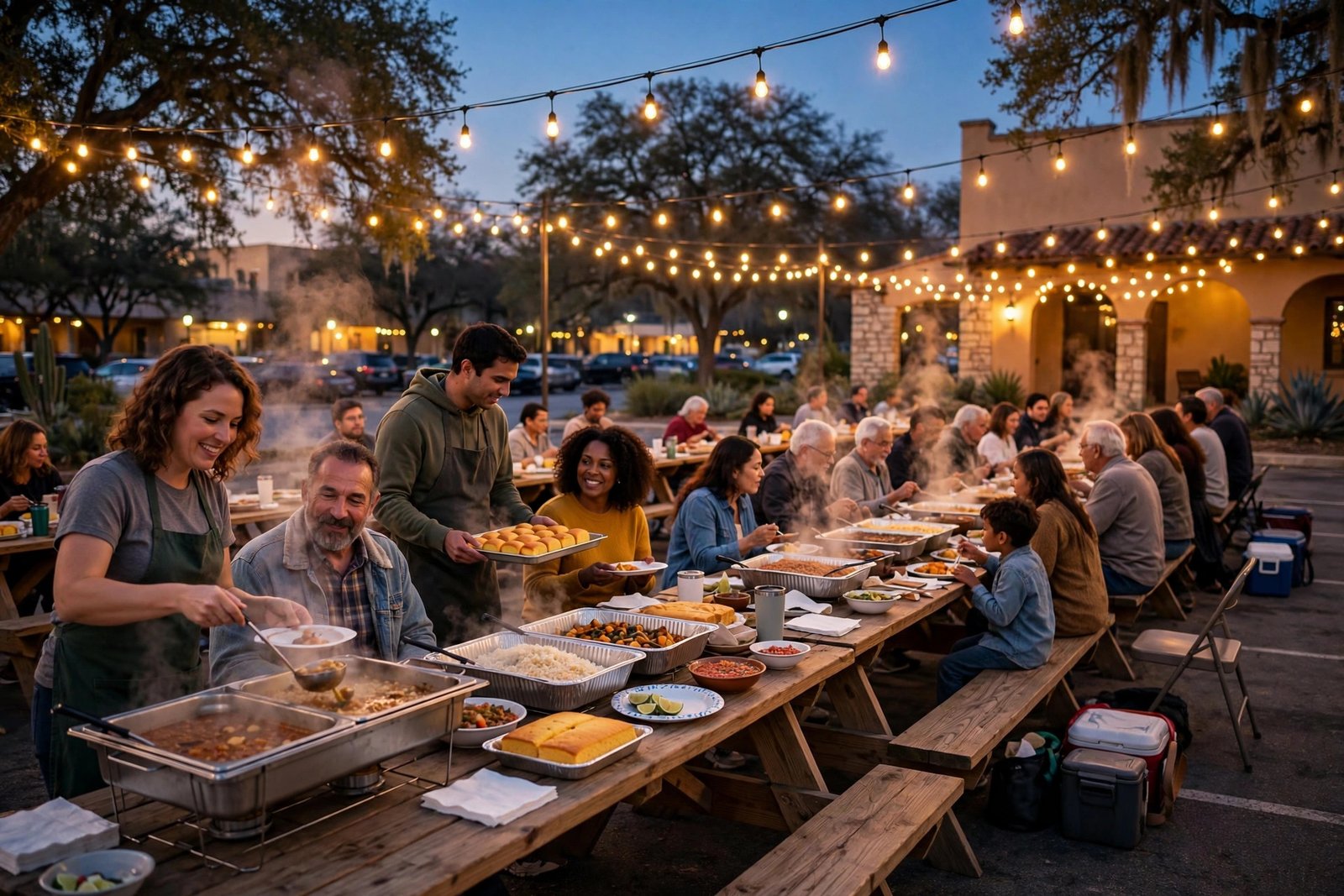 Volunteers serving a hot free dinner to neighbors at outdoor tables at dusk in San Antonio