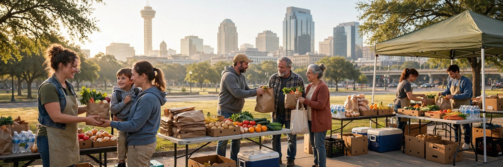 Volunteers handing grocery bags to families at a food pantry with the downtown San Antonio skyline behind them