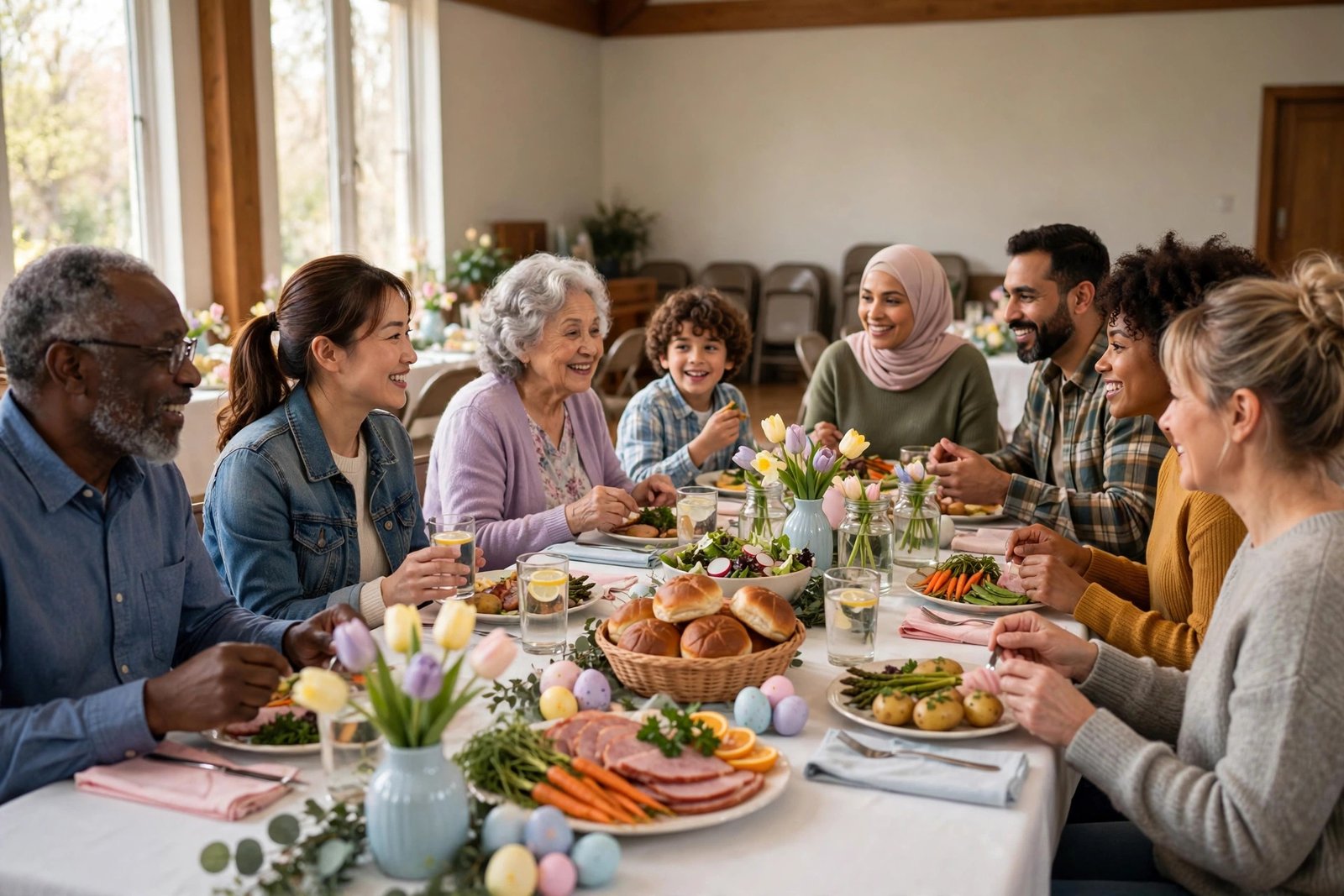 Vecinos compartiendo una cena comunitaria gratuita de Pascua en San Antonio