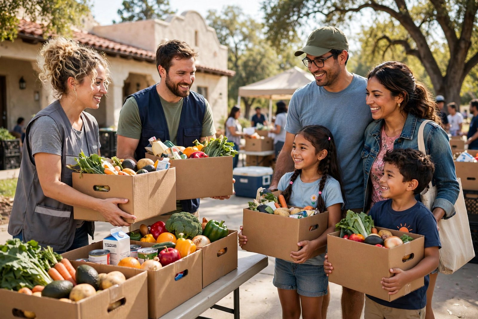 A San Antonio family with kids receiving boxes of free groceries