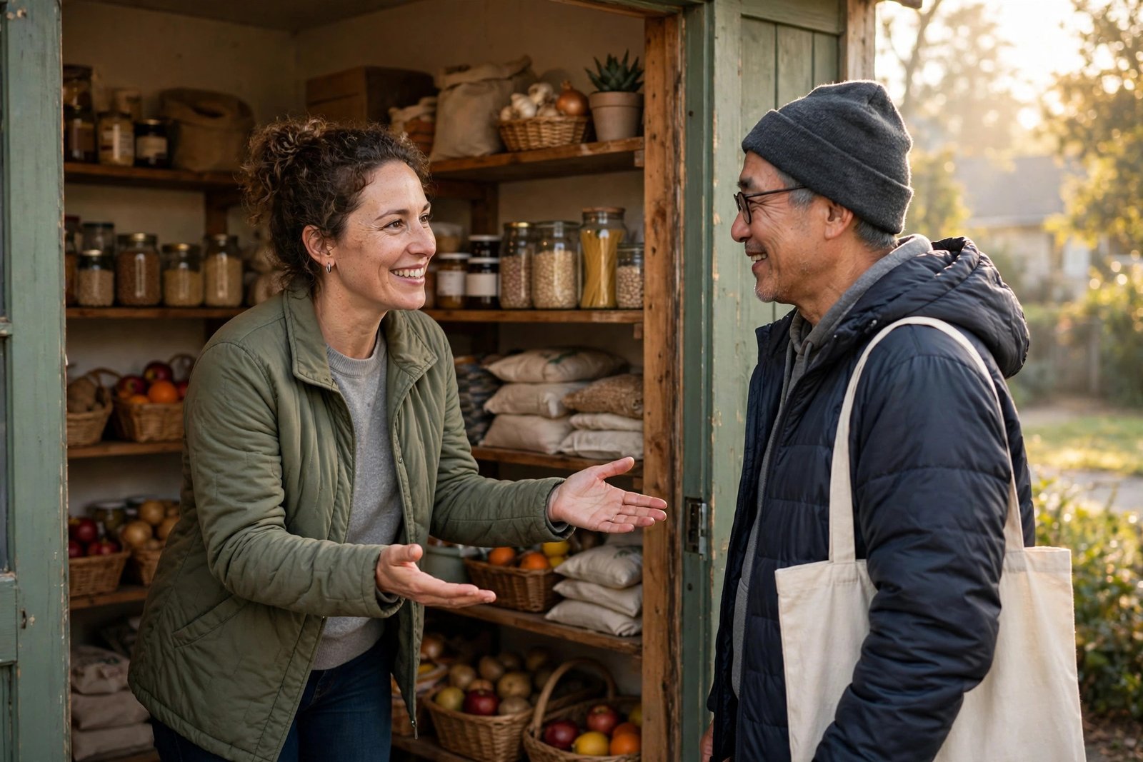 A friendly volunteer welcoming a neighbor at the doorway of a San Antonio food pantry