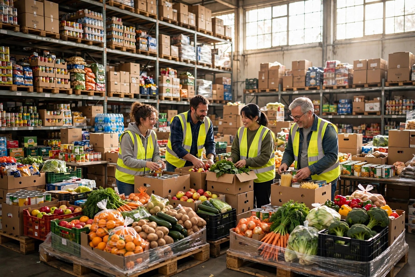 Volunteers sorting donated groceries at a San Antonio food bank warehouse