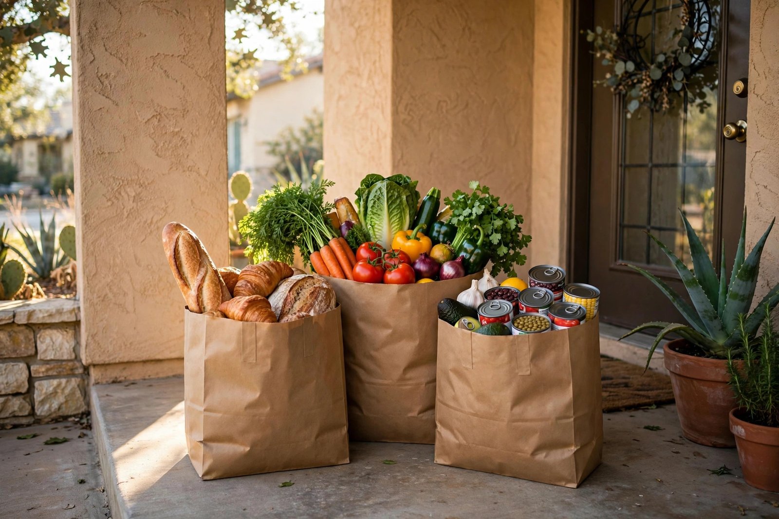 Paper grocery bags full of fresh free food on a San Antonio doorstep