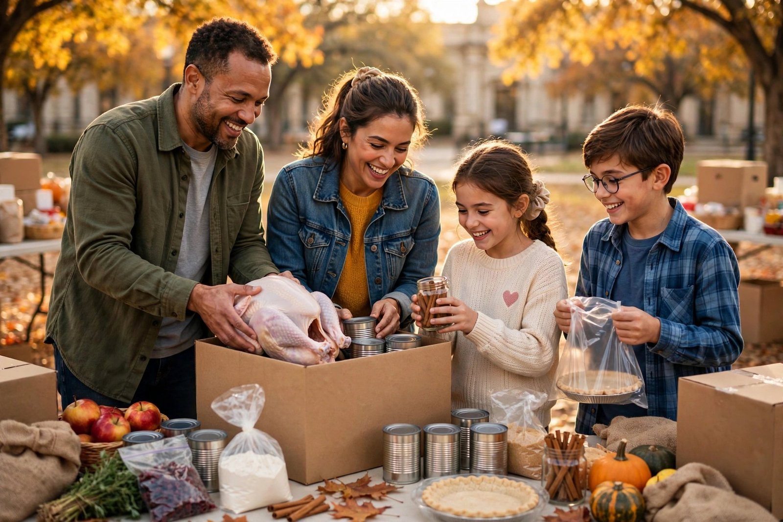 A family packing a holiday food box with a turkey and fixings in San Antonio