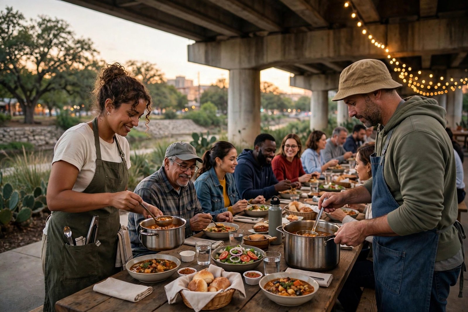 Volunteers serving a hot meal outdoors to neighbors in San Antonio