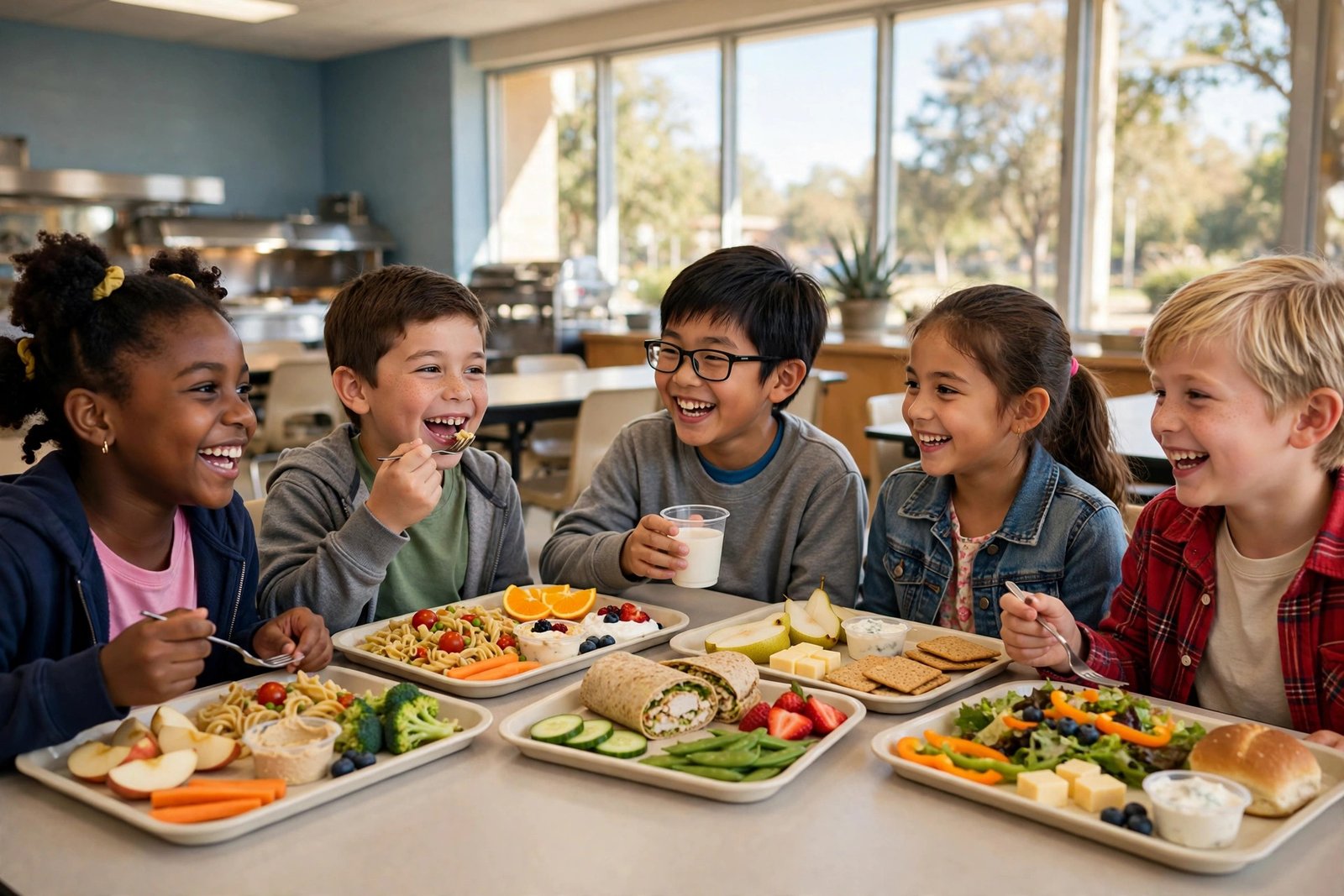 Children eating a healthy free lunch in a bright San Antonio school cafeteria