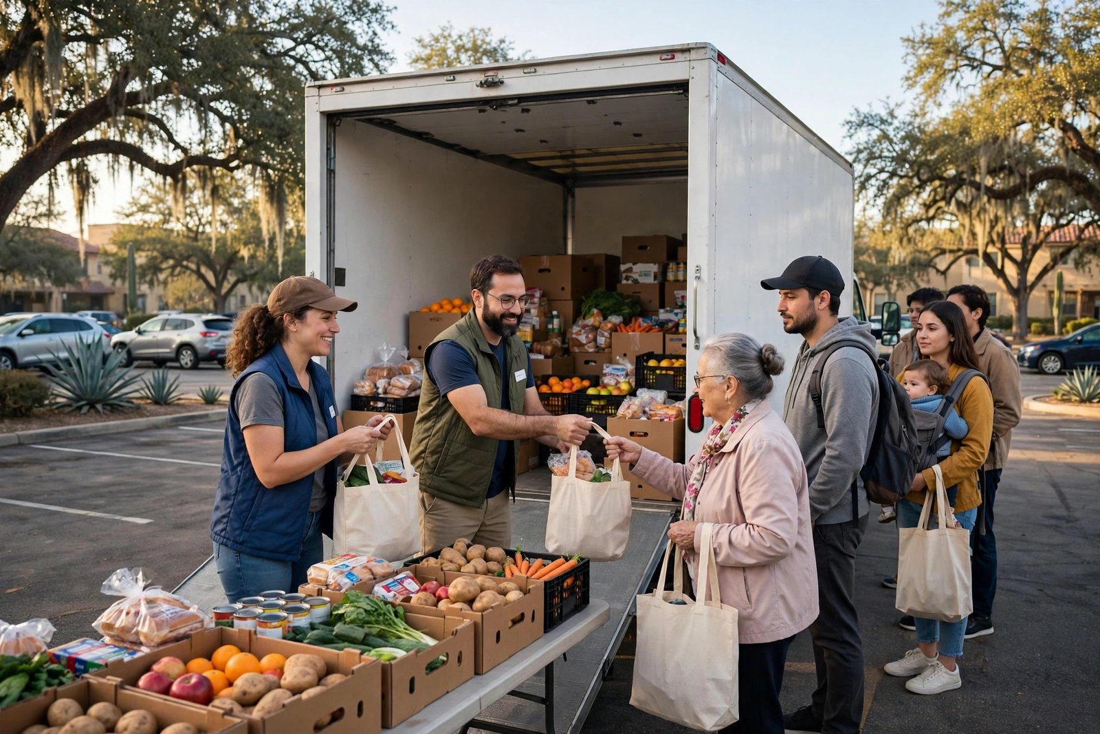 A mobile food pantry truck distributing free groceries in a San Antonio parking lot