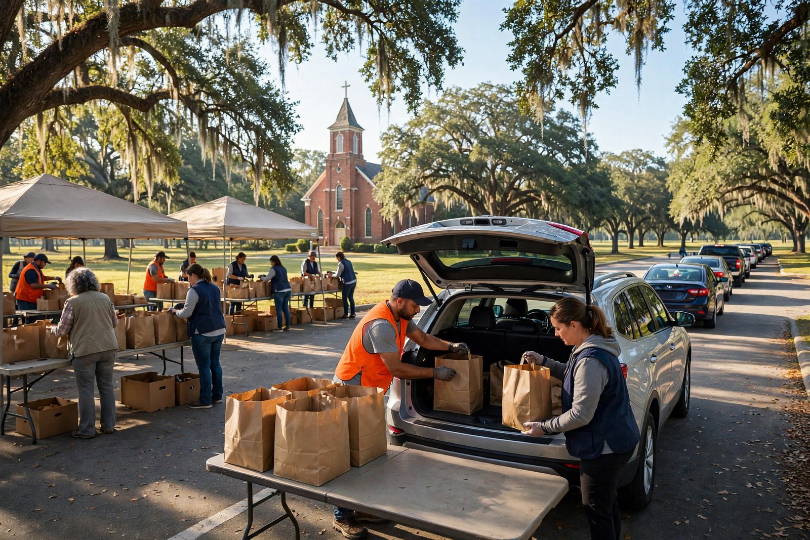 Volunteers loading groceries into a car at a drive-through food distribution in north central San Antonio