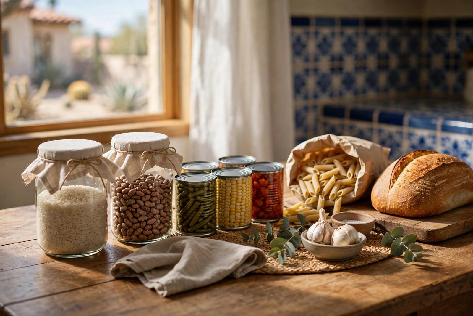 A kitchen table with a week's worth of pantry staples — rice, beans, and canned vegetables