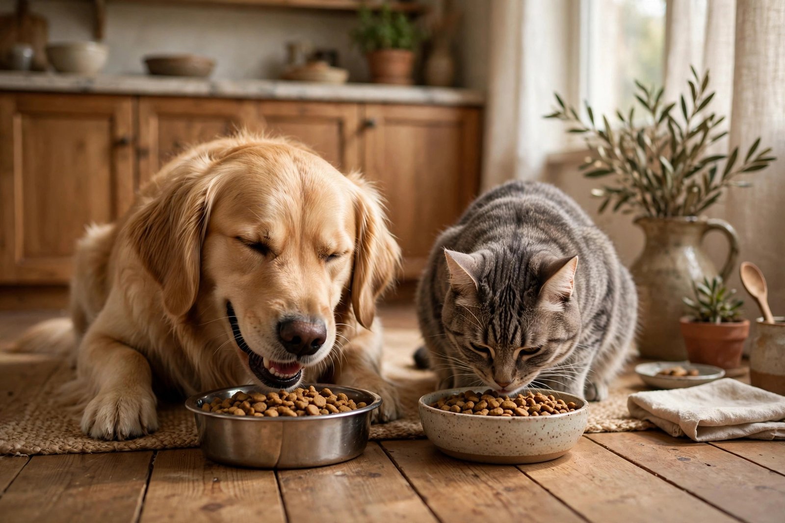 A dog and a cat eating from full bowls of pet food in a warm San Antonio home