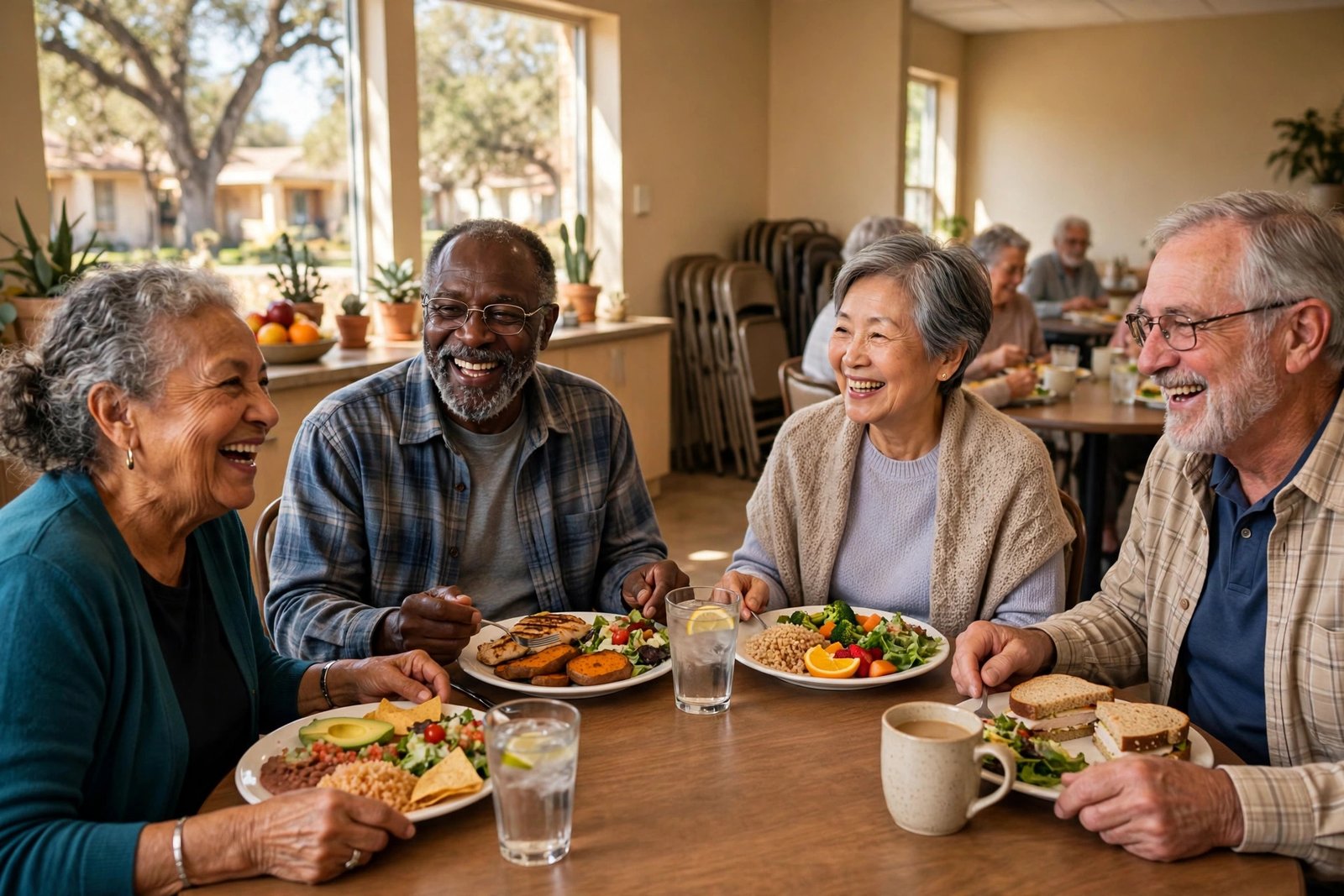 Senior adults enjoying a free lunch together at a San Antonio community center