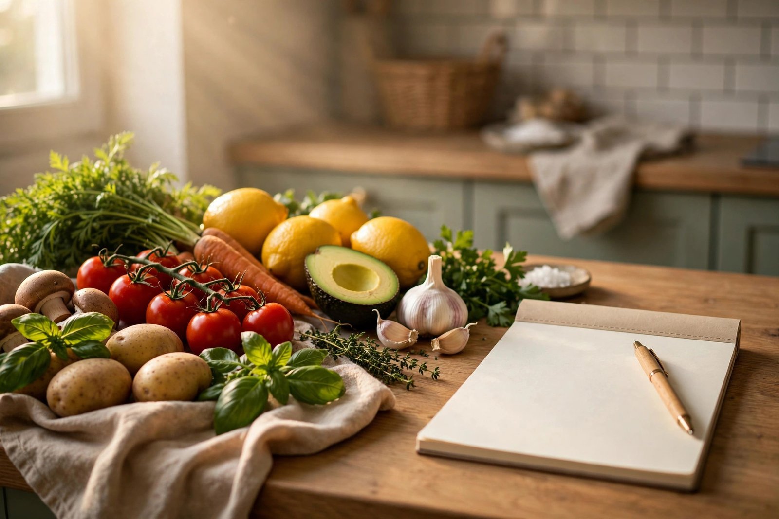 Groceries on a kitchen counter with a notepad for planning meals on a tight budget
