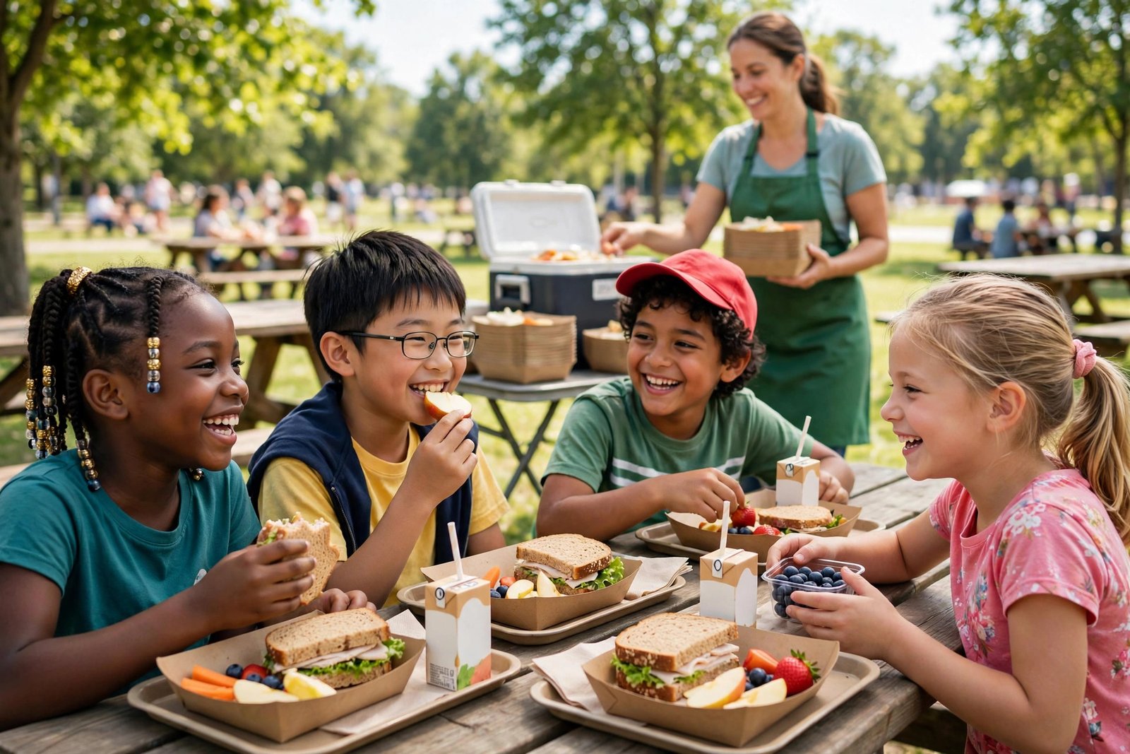 Niños disfrutando un almuerzo gratuito de verano en un parque de San Antonio