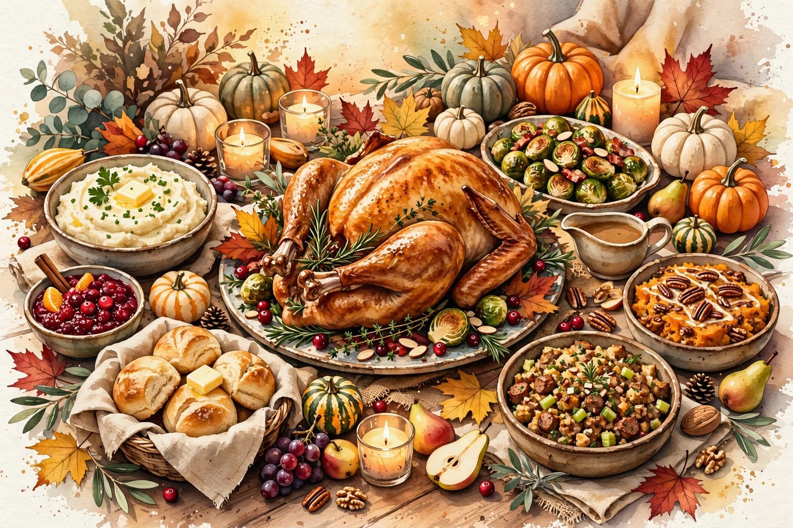 A warm Thanksgiving dinner table with a golden roasted turkey and side dishes