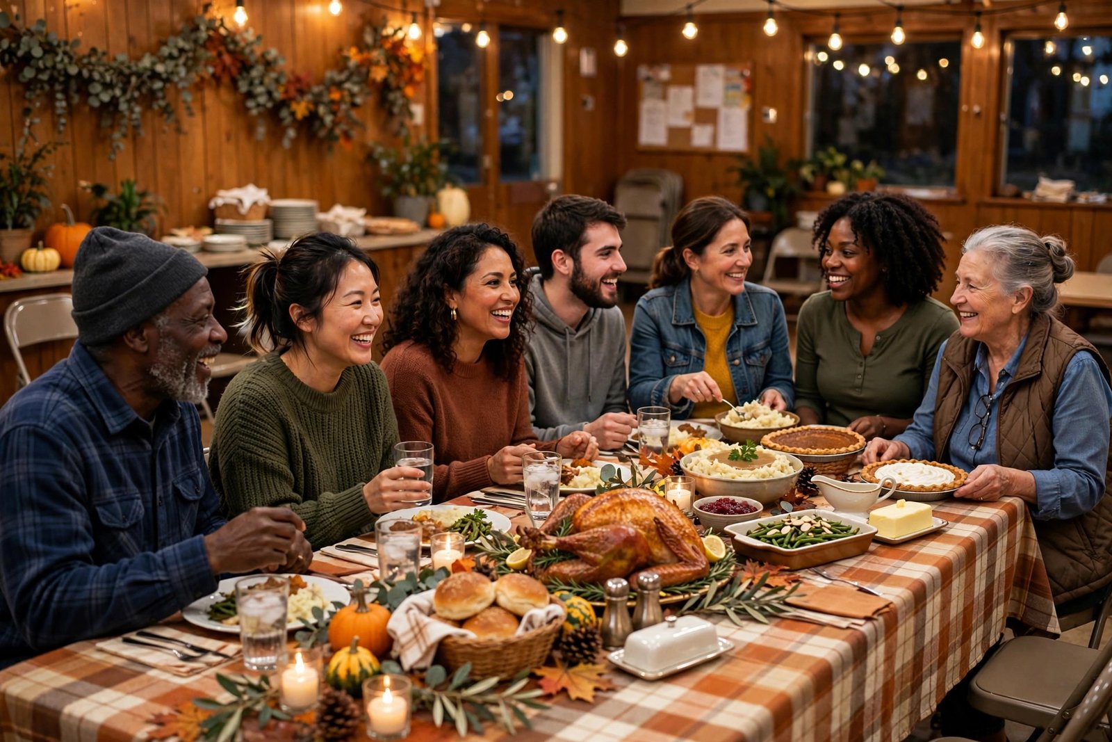 Neighbors sharing a free community Thanksgiving dinner in San Antonio