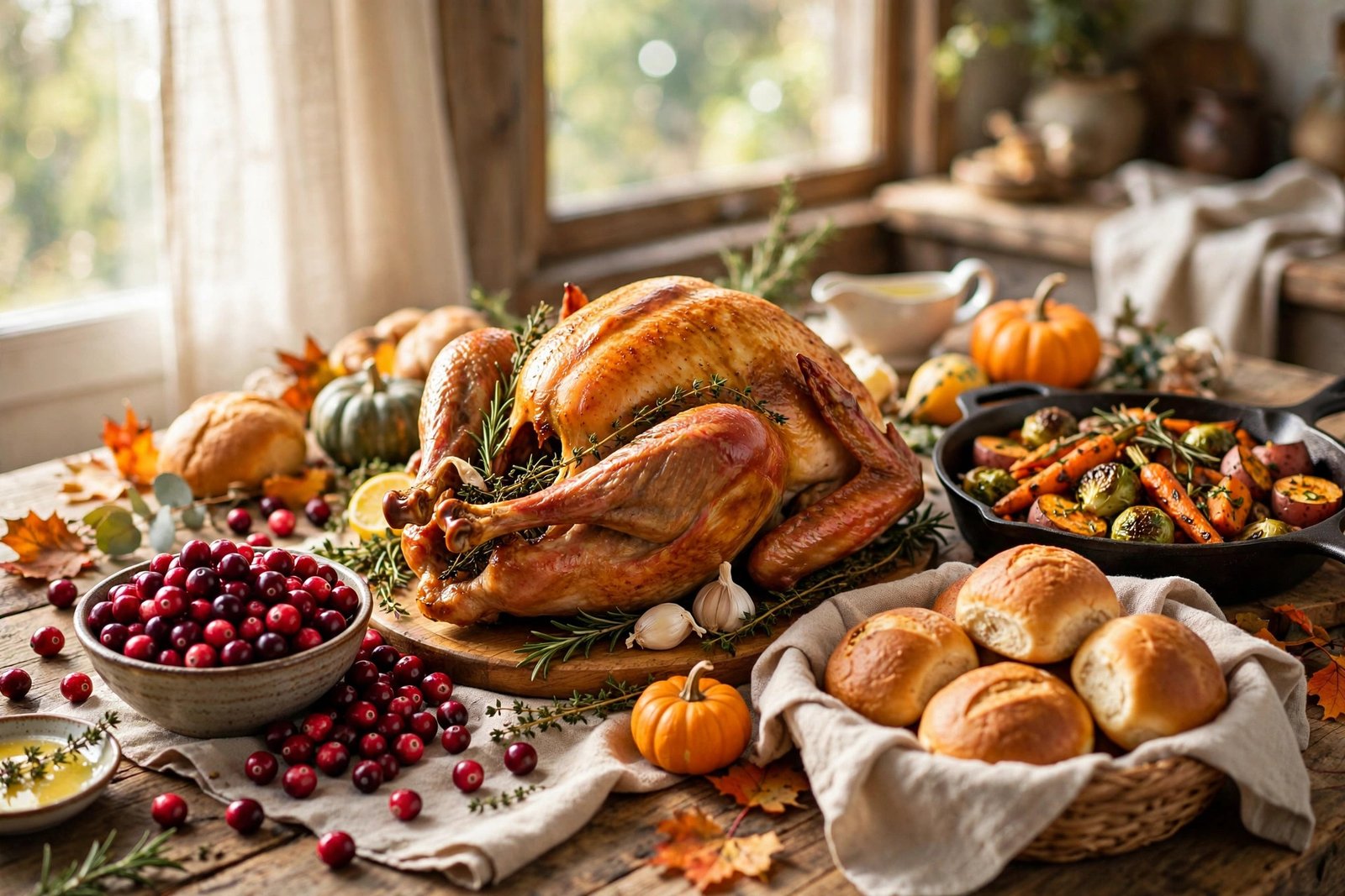 A golden roasted Thanksgiving turkey on a rustic table with cranberries, rolls, and autumn sides