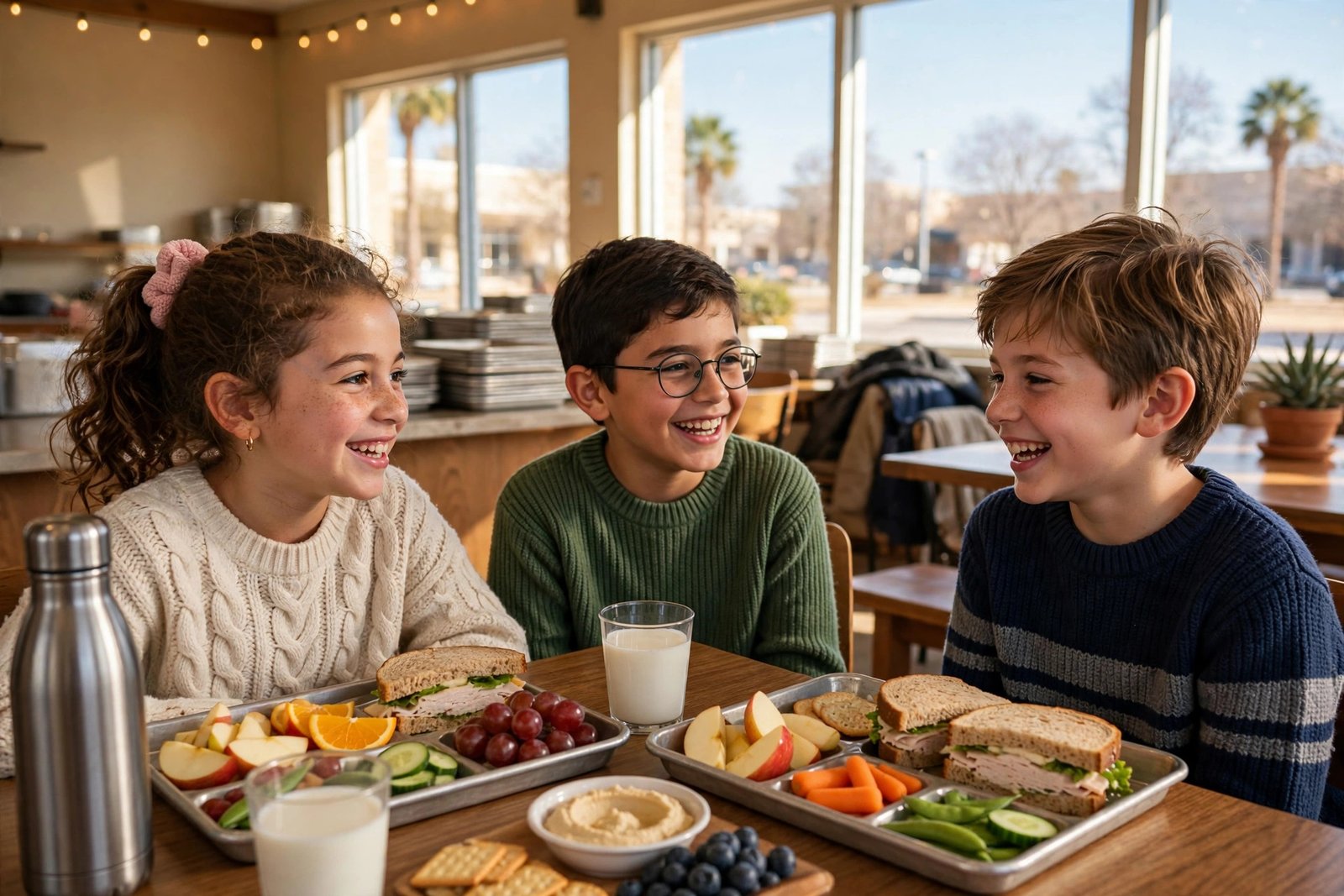 Niños disfrutando un almuerzo juntos en un centro comunitario de San Antonio