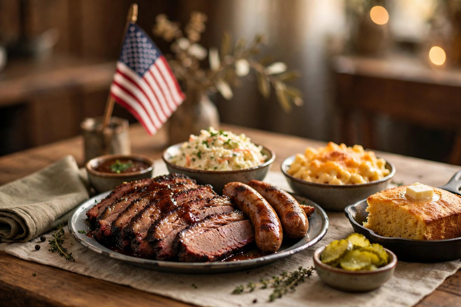A hearty BBQ combo meal with a small American flag, honoring veterans on Veterans Day in San Antonio