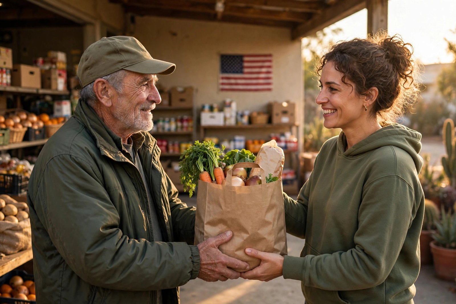 A veteran receiving a bag of groceries from a volunteer at a San Antonio food pantry
