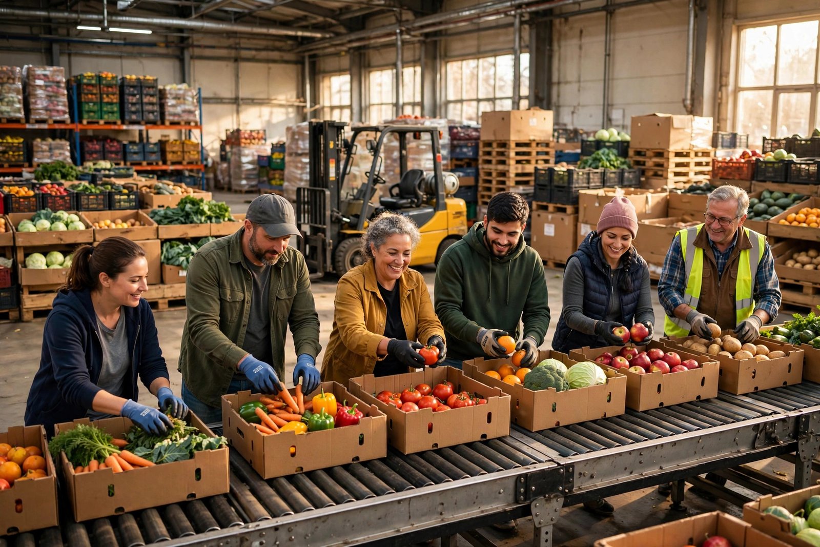 Volunteers sorting fresh produce into boxes at a San Antonio food bank warehouse