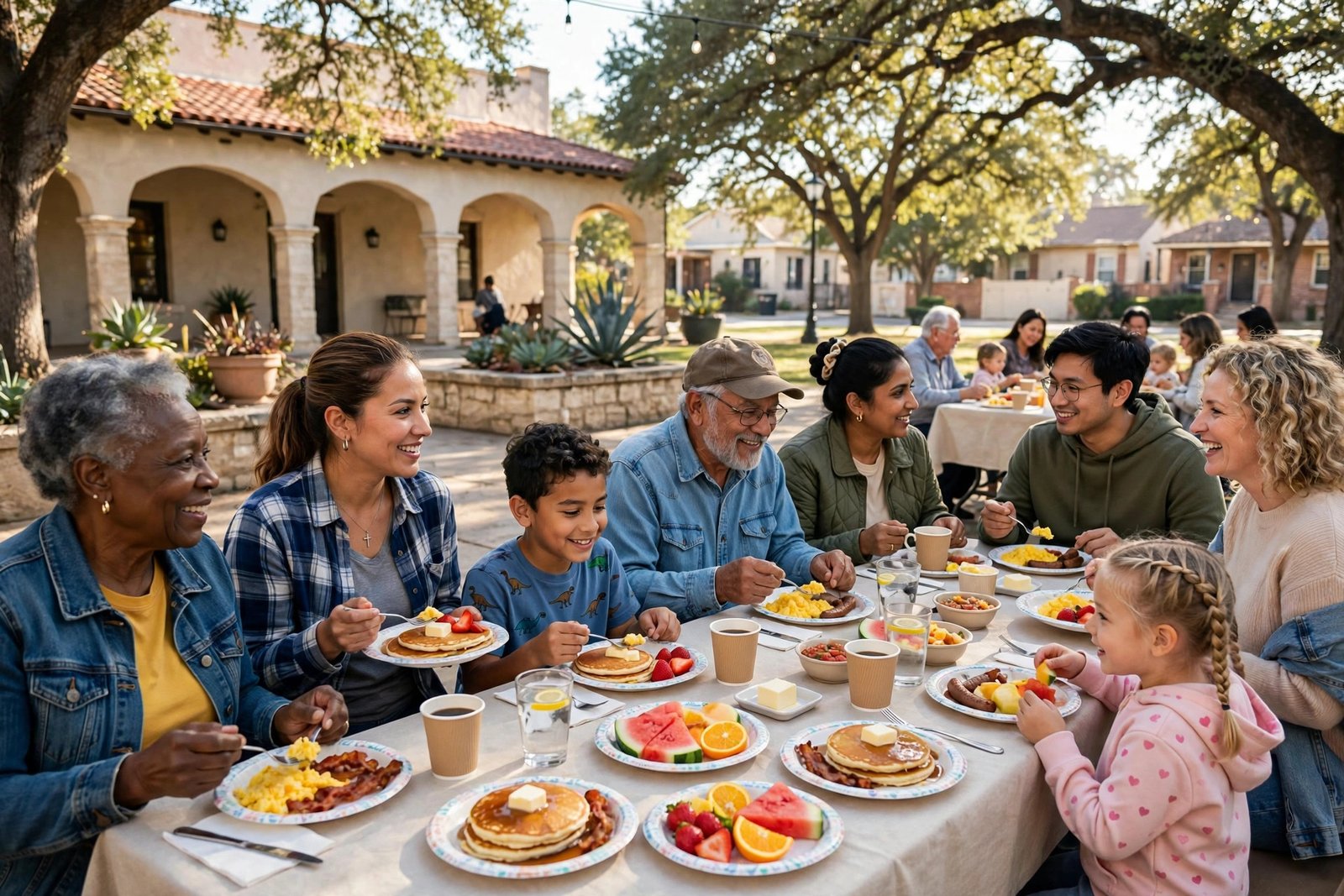 Neighbors sharing a free Saturday community breakfast in San Antonio