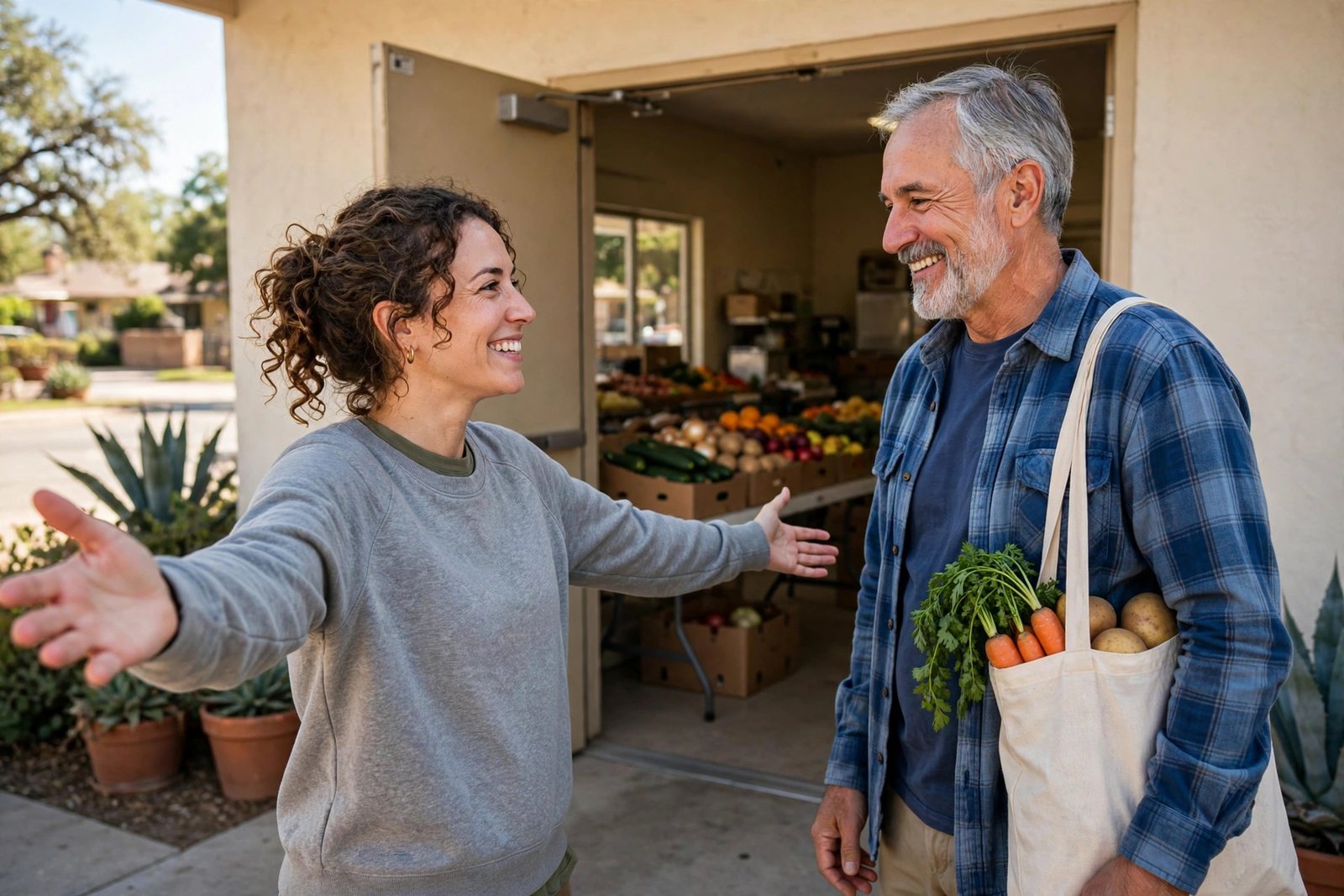 A volunteer warmly welcoming a neighbor at a San Antonio food distribution