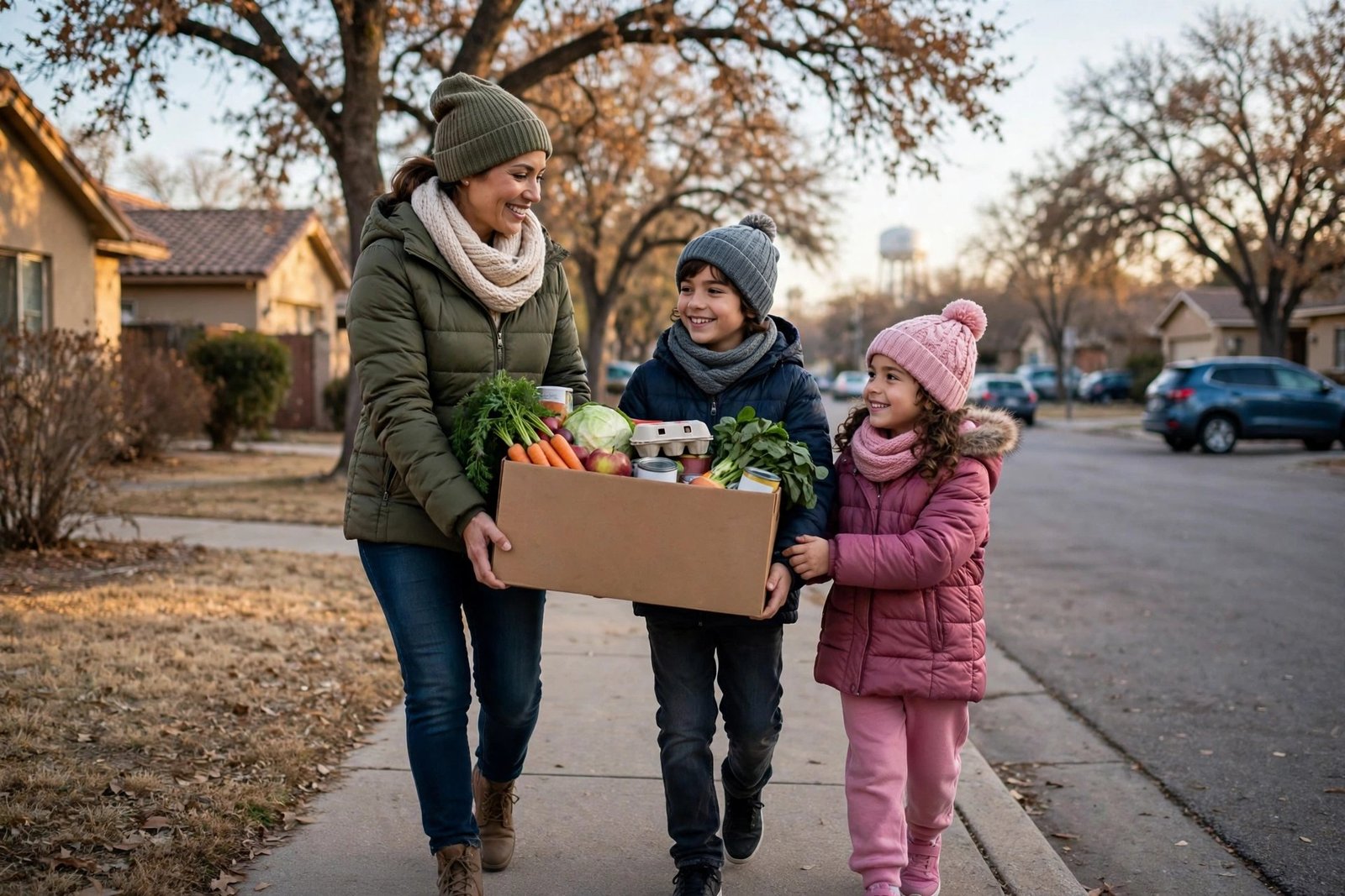Children and their mother carrying free groceries home in winter in San Antonio