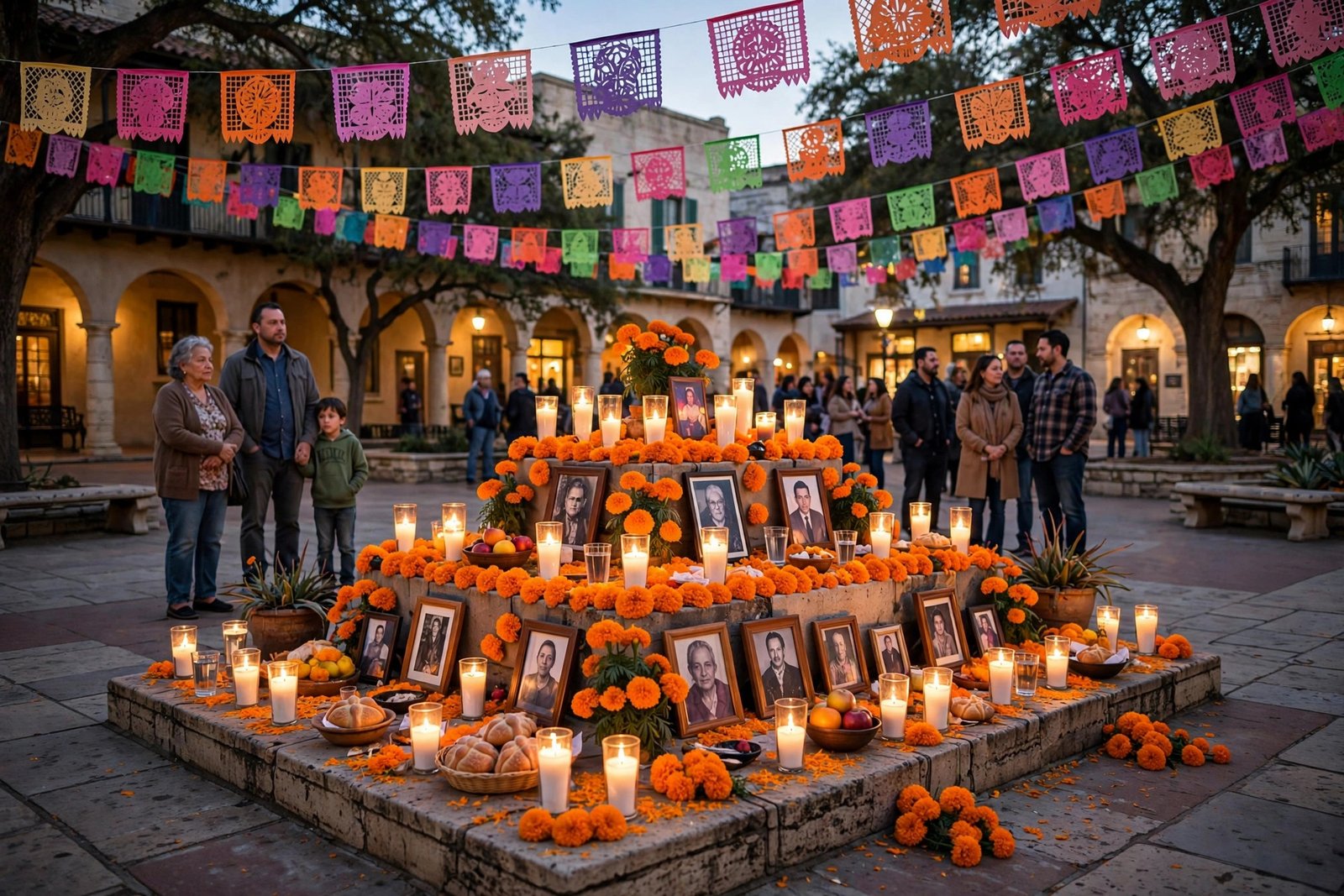 Un altar comunitario de Día de los Muertos con cempasúchil, velas, fotografías enmarcadas y pan de muerto bajo banderines de papel picado al atardecer en una plaza de San Antonio