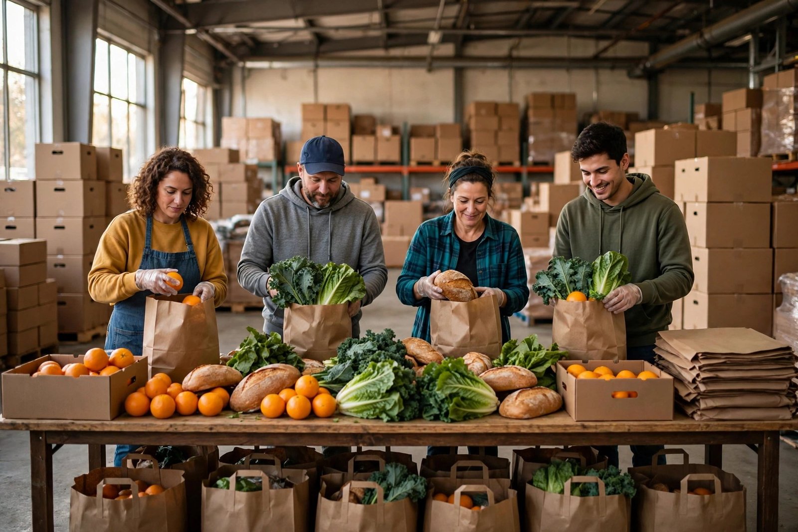 Voluntarios empacando bolsas de despensa con productos frescos, pan y latas en la mesa de un banco de alimentos en San Antonio