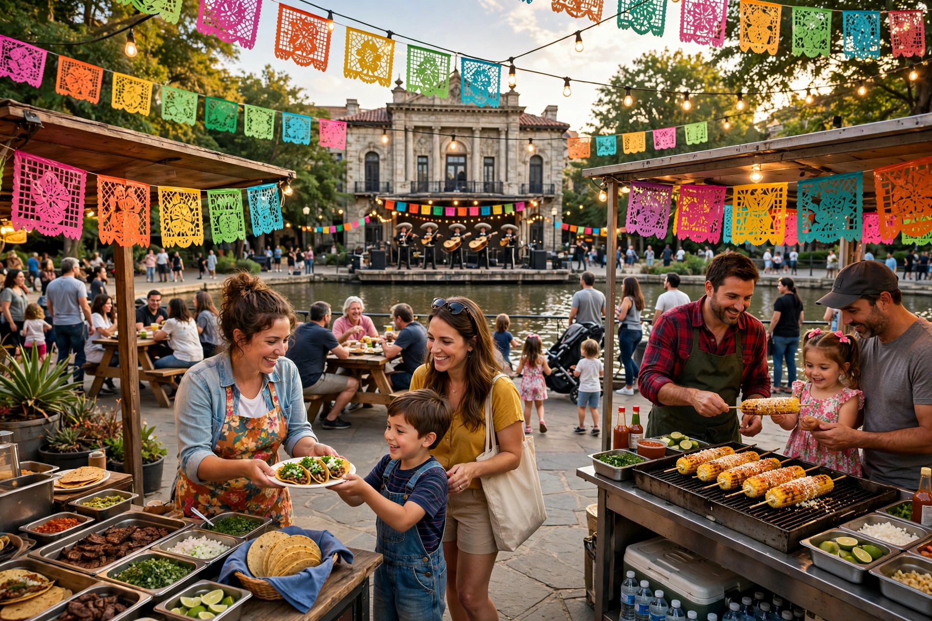 Músicos de mariachi tocando en el escenario del Arneson River Theatre con puestos de comida del festival cerca, en el River Walk de San Antonio