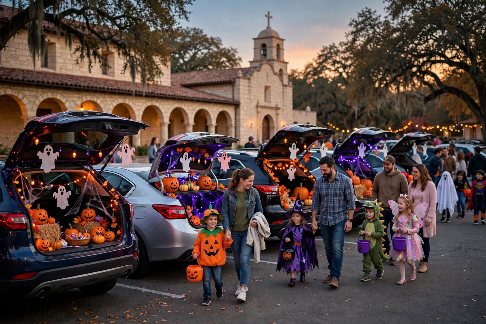 Families and kids in Halloween costumes walking between decorated car trunks at a San Antonio trunk-or-treat event at dusk