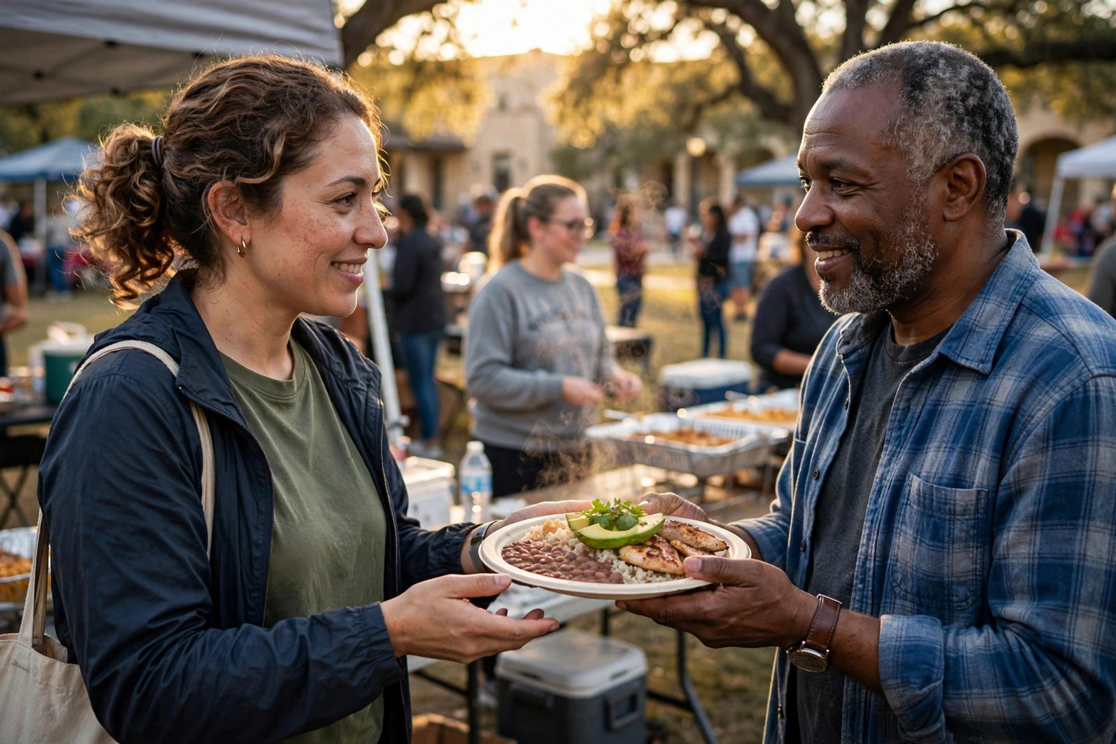 Volunteer handing a free meal to a neighbor in San Antonio