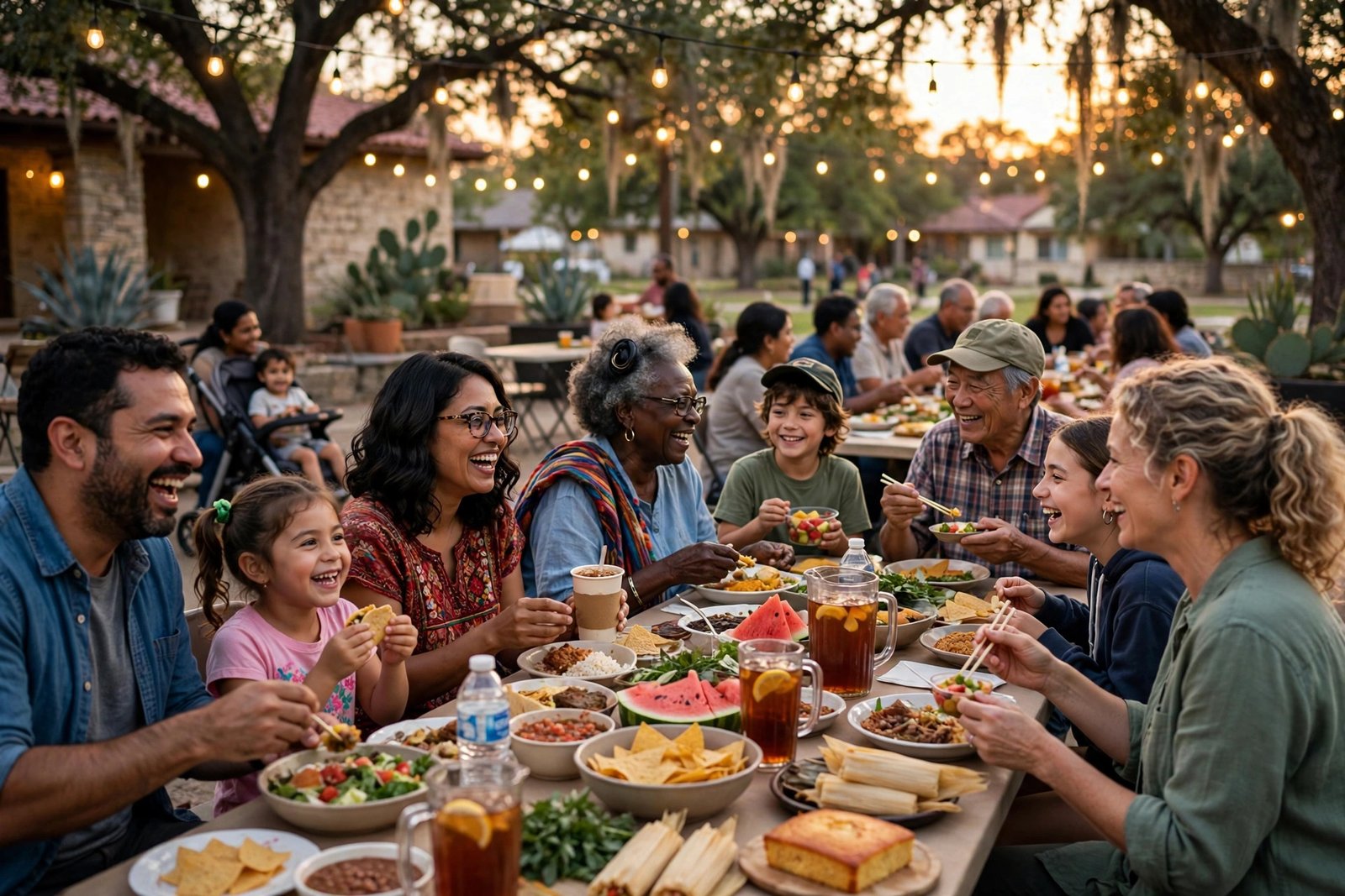 Vecinos de San Antonio compartiendo una comida comunitaria gratis a la hora dorada