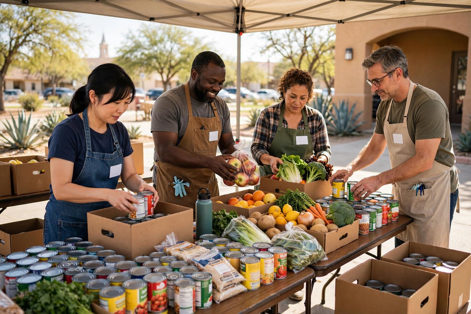 Voluntarios de San Antonio empacando cajas de comestibles gratis en una colecta comunitaria de alimentos